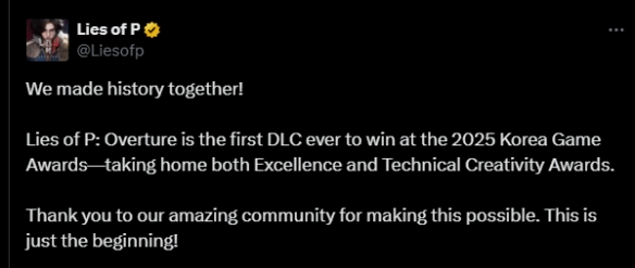这次是《匹诺曹的谎言》首次在DLC方面获得荣誉！新扩展包荣获韩国游戏大奖的殊荣