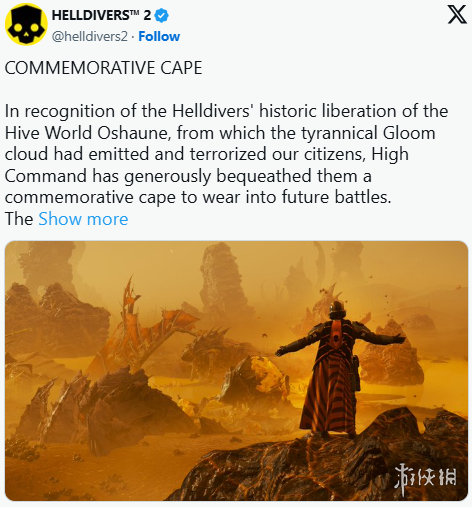 《绝地潜兵2》为成功解放奥肖恩星的玩家特别赠送专属披风