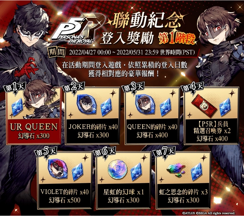 《FFBE_幻影战争》与《女神异闻录5_皇家版》的联合活动正式上线!登录即可免费获赠Queen!
《FFBE_幻影战争》与《女神异闻录5_皇家版》的联合活动正式上线!登录即可免费获赠Queen!