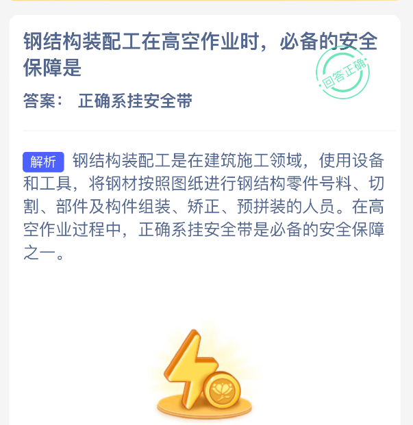 在进行高空作业时，为确保钢结构装配工的安全，必要的防护措施之一是  
