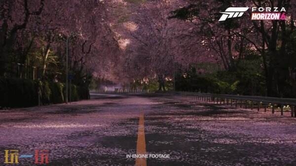 《极限竞速：地平线6》展示了令人惊叹的环境场景，特别是樱花道与山丘的美丽风光，让人流连忘返